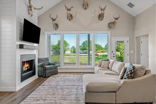 living area with plenty of natural light, a lit fireplace, and high vaulted ceiling