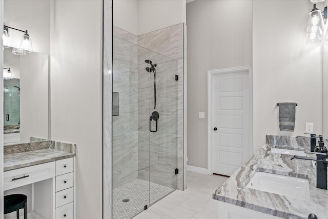 bathroom with a stall shower and double vanity