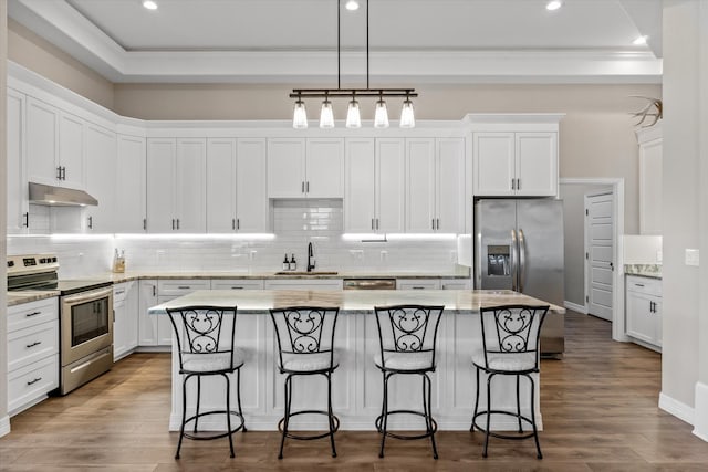kitchen with a sink, stainless steel appliances, ornamental molding, under cabinet range hood, and a kitchen island