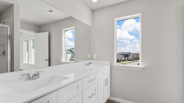 bathroom with vanity, a shower with door, and a healthy amount of sunlight