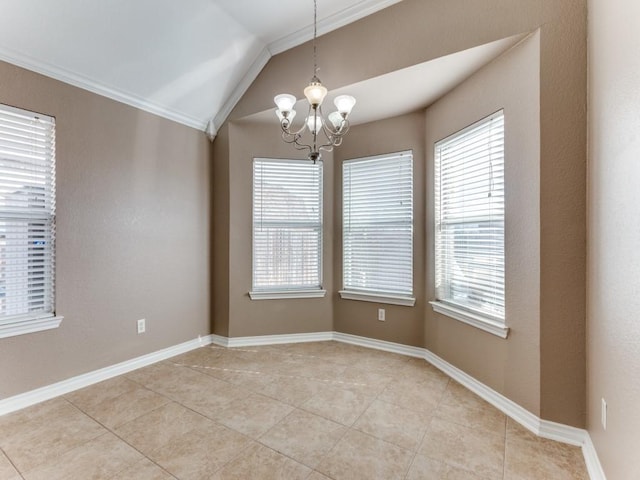 tiled empty room featuring an inviting chandelier and lofted ceiling