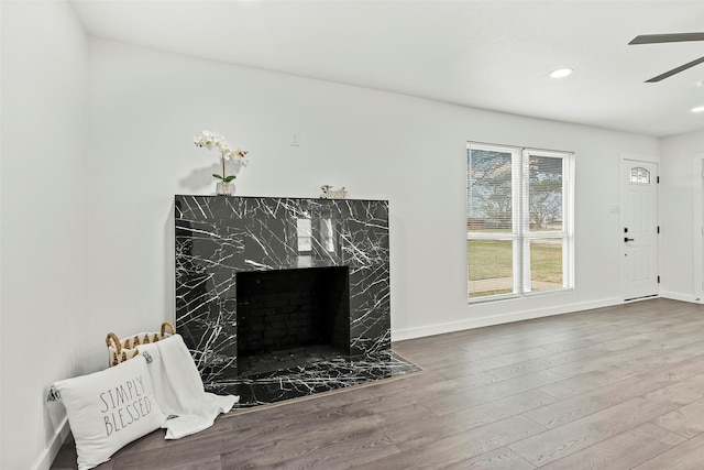 living room featuring hardwood / wood-style flooring, ceiling fan, and a high end fireplace