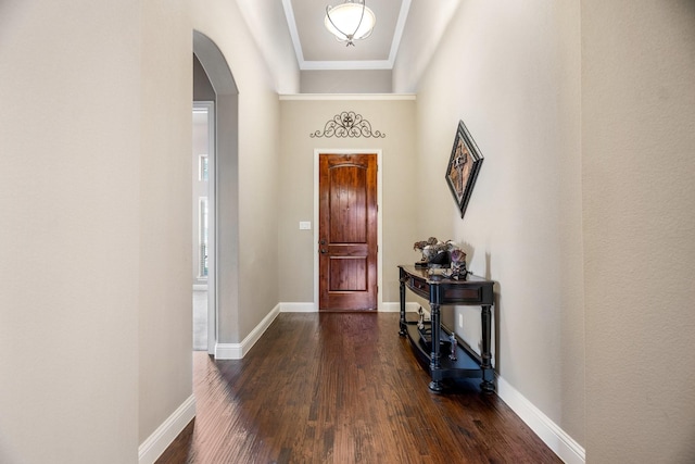 entryway featuring ornamental molding and dark wood-type flooring