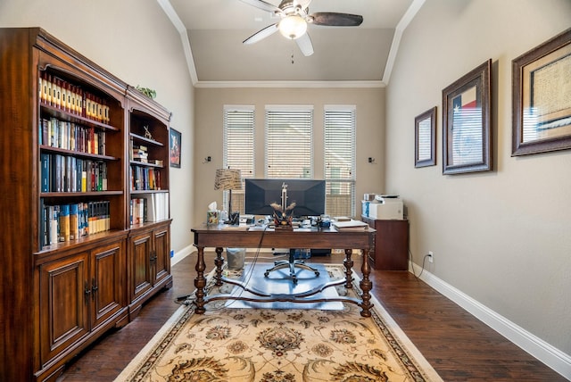 home office featuring ceiling fan, dark hardwood / wood-style flooring, crown molding, and vaulted ceiling