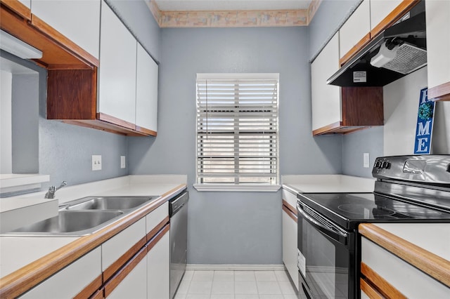 kitchen featuring black range with electric stovetop, white cabinets, sink, and dishwasher