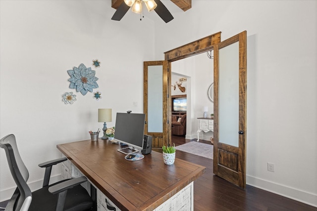 office area with ceiling fan, dark hardwood / wood-style flooring, and french doors