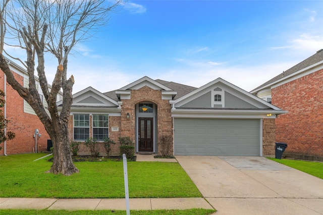 ranch-style home with a garage and a front yard