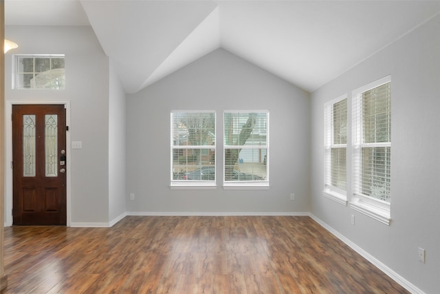 entryway featuring vaulted ceiling, plenty of natural light, and dark hardwood / wood-style floors