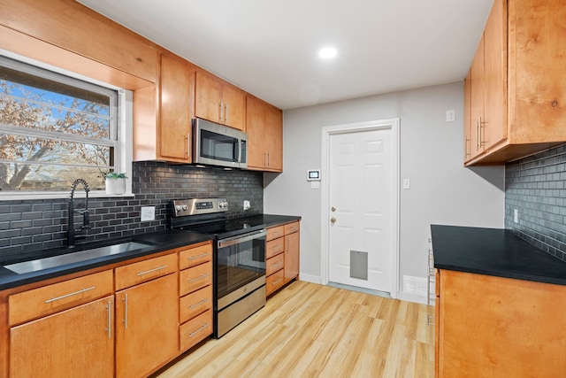 kitchen with backsplash, sink, stainless steel appliances, and light wood-type flooring