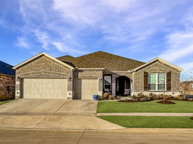 1133 Cornerstone Dr, Little Elm, TX 76227 - view of front facade featuring brick siding, a garage, driveway, a front lawn, and a shingled roof