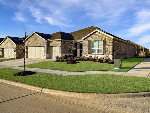 1133 Cornerstone Dr, Little Elm, TX 76227 - view of front facade featuring brick siding, an attached garage, driveway, a front yard, and roof with shingles