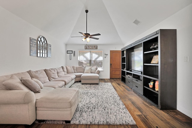 living room with ceiling fan, wood-type flooring, and vaulted ceiling