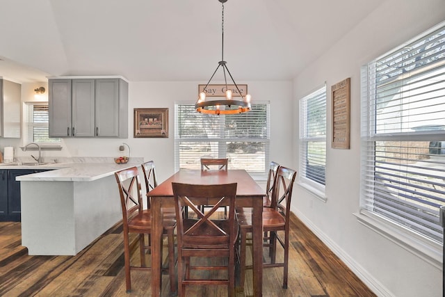 dining room featuring a chandelier, dark hardwood / wood-style floors, and sink