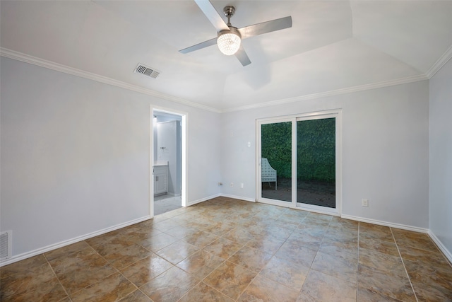 empty room featuring crown molding, vaulted ceiling, and ceiling fan