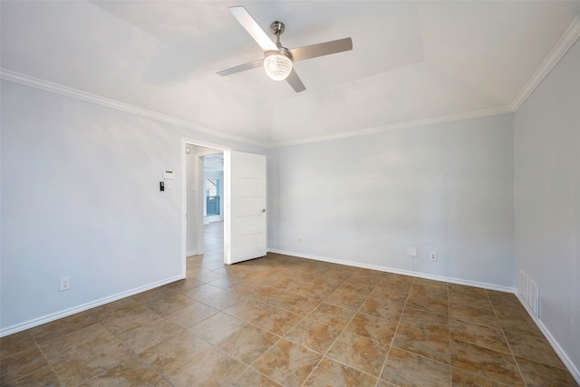 spare room featuring crown molding and ceiling fan