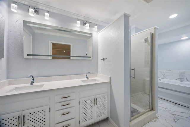 bathroom featuring vanity, crown molding, and plus walk in shower