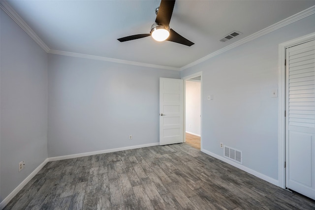 unfurnished bedroom with crown molding, ceiling fan, and hardwood / wood-style floors