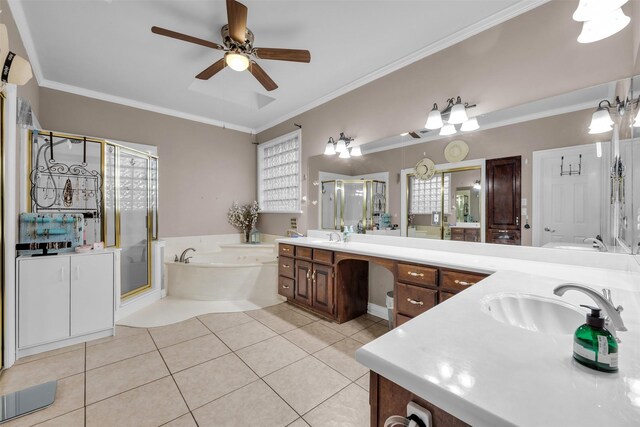 bathroom with vanity, tile patterned floors, ceiling fan, ornamental molding, and independent shower and bath