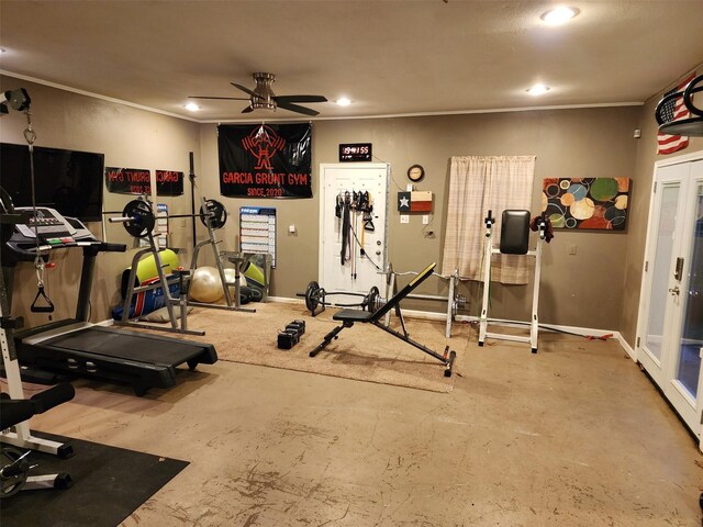 workout room with ceiling fan