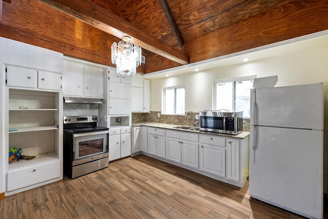 kitchen featuring beam ceiling, sink, white cabinets, wood ceiling, and appliances with stainless steel finishes