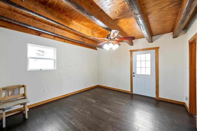 interior space featuring ceiling fan, wooden ceiling, dark hardwood / wood-style floors, and beamed ceiling