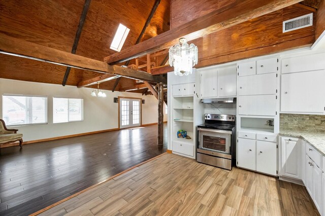 kitchen featuring light wood-type flooring, tasteful backsplash, white cabinets, hanging light fixtures, and stainless steel electric range