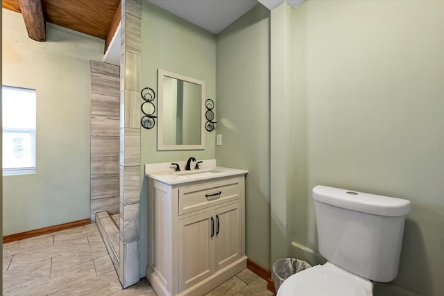 bathroom featuring a shower, vanity, and toilet