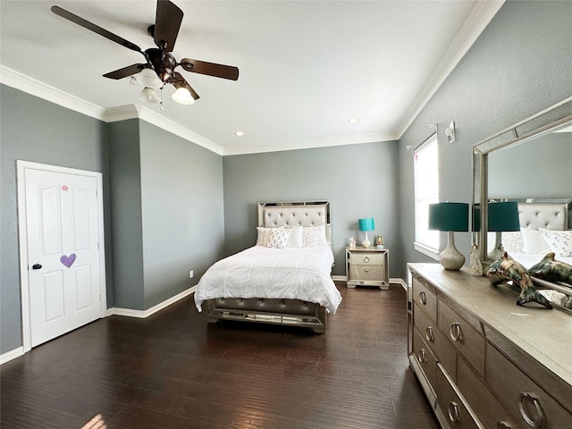 bedroom featuring ceiling fan, dark hardwood / wood-style flooring, and crown molding