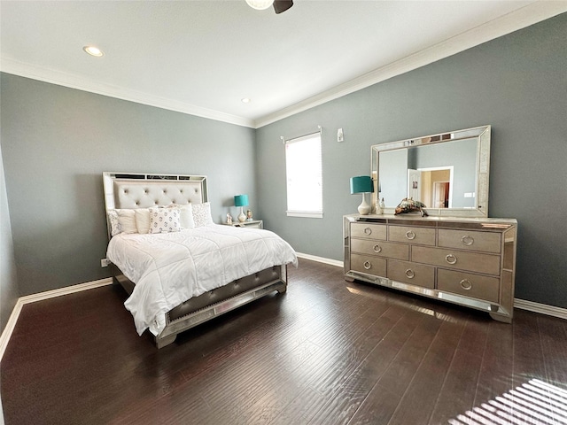 bedroom featuring ornamental molding and dark wood-type flooring