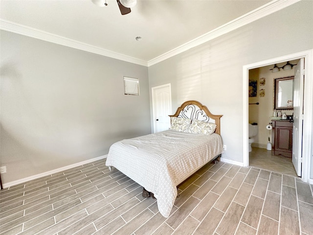 bedroom featuring ceiling fan and crown molding