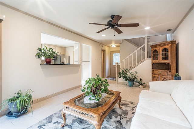 living room with ceiling fan