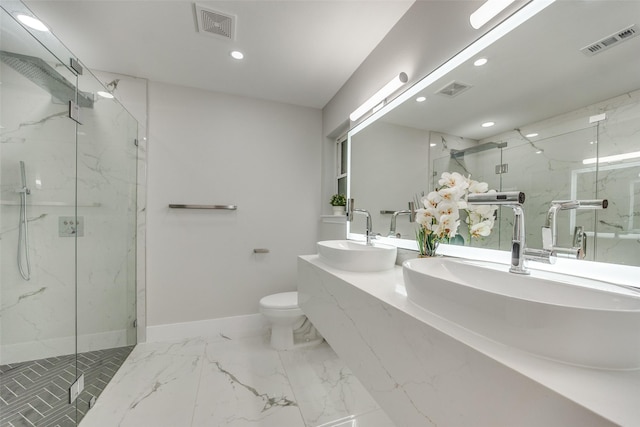 bathroom featuring walk in shower, vanity, and toilet