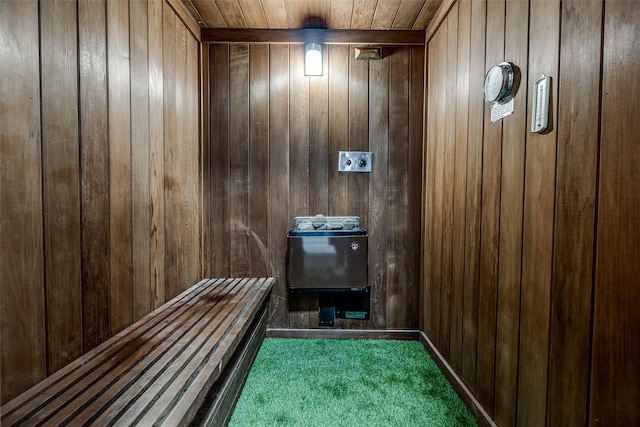 view of sauna featuring carpet floors