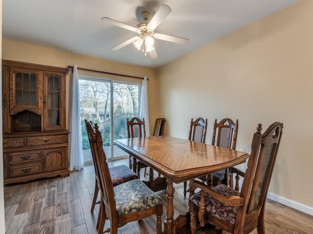 dining space featuring hardwood / wood-style flooring and ceiling fan