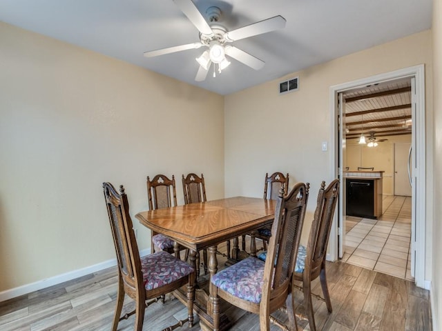 dining area with light hardwood / wood-style flooring and ceiling fan