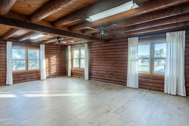 empty room with wooden ceiling, rustic walls, ceiling fan, light hardwood / wood-style floors, and beam ceiling