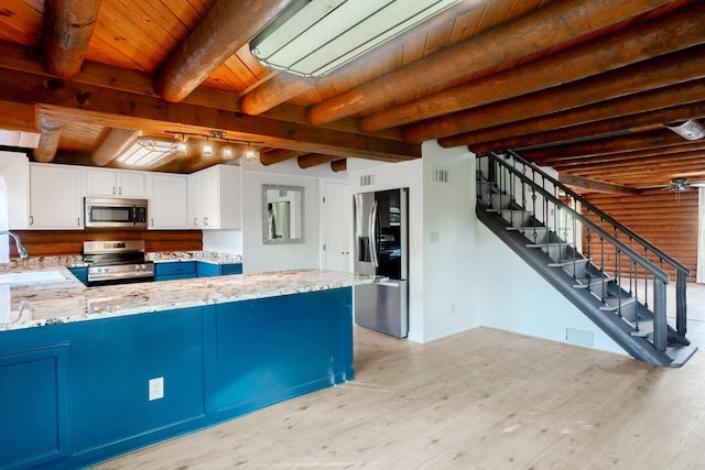 kitchen featuring stainless steel appliances, wooden ceiling, white cabinetry, light hardwood / wood-style flooring, and light stone countertops