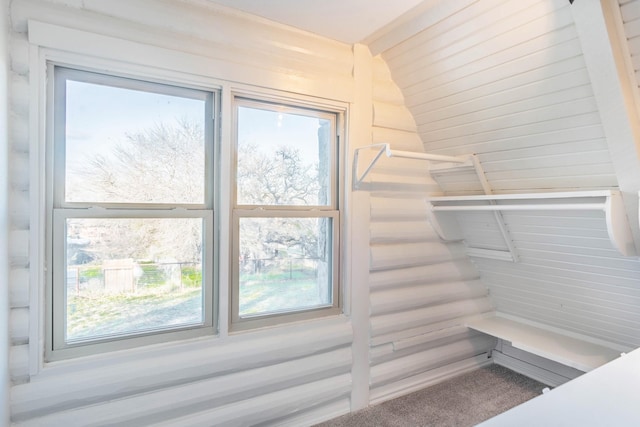 bathroom featuring vaulted ceiling, a wealth of natural light, and wooden walls