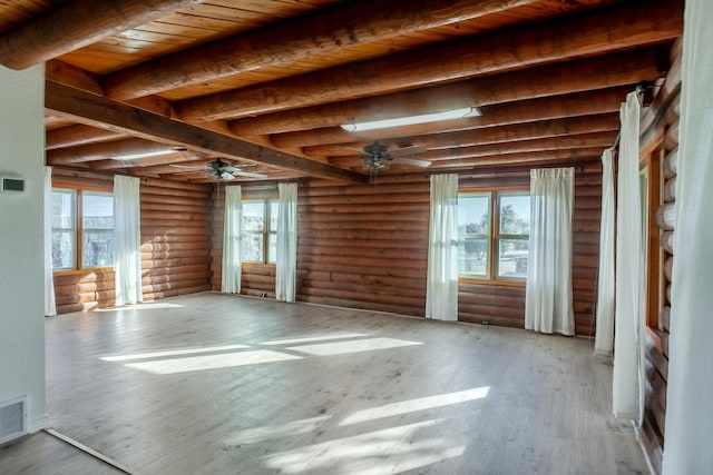 spare room featuring wooden ceiling, light wood-type flooring, log walls, beamed ceiling, and ceiling fan