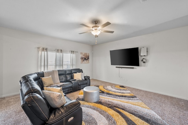 living room with carpet floors and ceiling fan