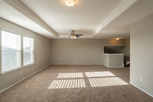 unfurnished room featuring ornamental molding, carpet flooring, ceiling fan, and a tray ceiling