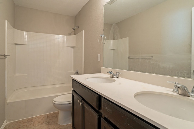 full bathroom with tile patterned flooring, vanity, shower / washtub combination, and toilet