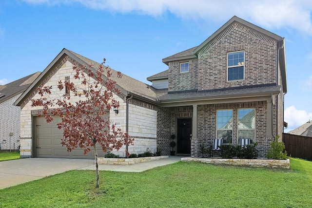 front of property with a garage and a front lawn