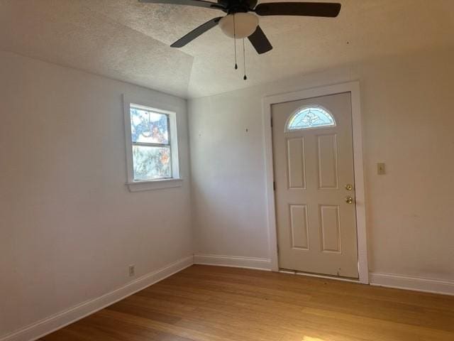 foyer entrance featuring light hardwood / wood-style floors and ceiling fan