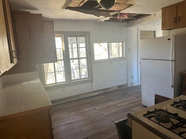 kitchen with white fridge and light hardwood / wood-style floors