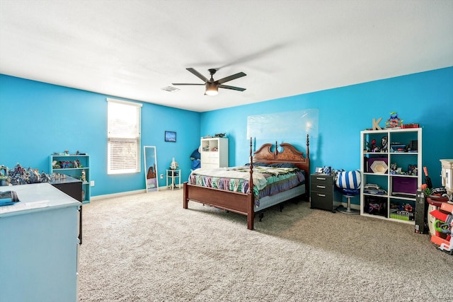 carpeted bedroom featuring ceiling fan