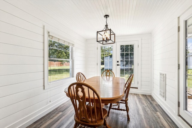 dining space with dark hardwood / wood-style flooring, an inviting chandelier, wooden ceiling, and wood walls