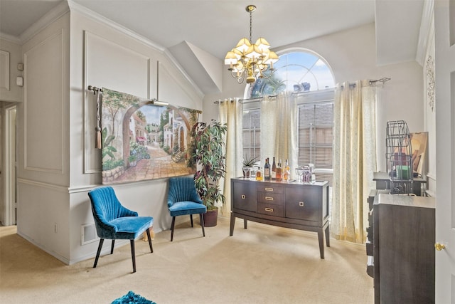 sitting room with lofted ceiling, light colored carpet, and a chandelier