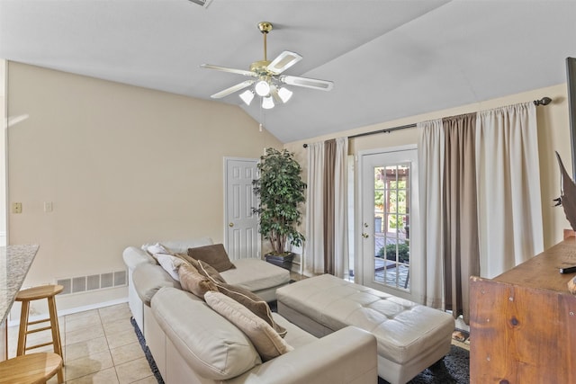 tiled living room with vaulted ceiling and ceiling fan