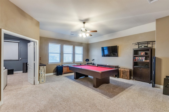 rec room with pool table, light colored carpet, and ceiling fan